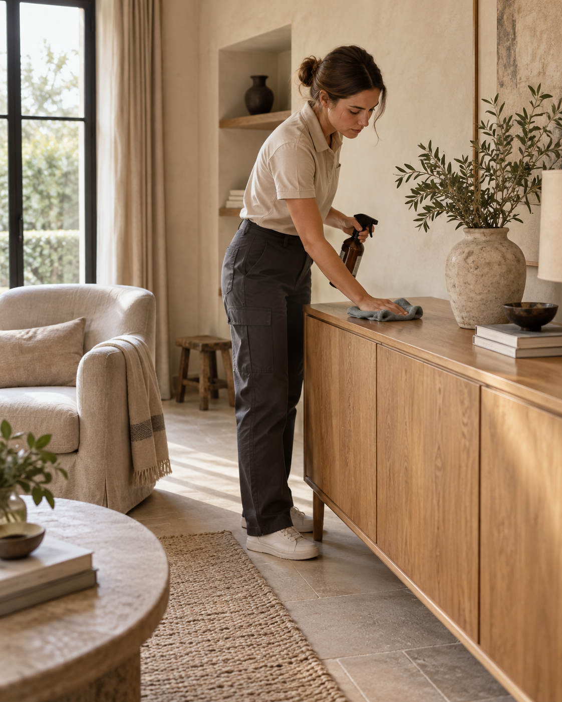 Een schoonmaakmedewerker reinigt een houten meubel in een warm, verzorgd interieur